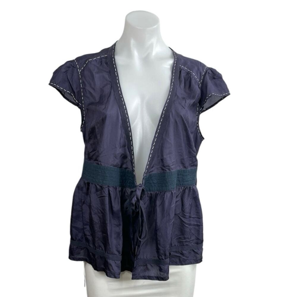Jaloux 100% Silk Smocked Cap Sleeve Tie Waist Tunic Peplum Cardigan Blouse Top L